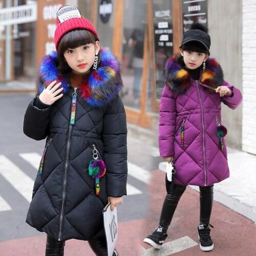 Childrens jacket for girls winter long coat Overcoat Fashion Colorful fur collar down jacket cotton-padded girl hooded jacket