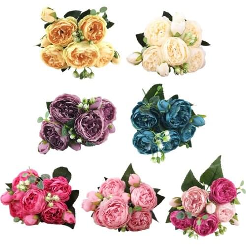 DIY Faux Persian Rose 5 Flowers w/Eucalyptus Leaves Silk Bride Bouquet