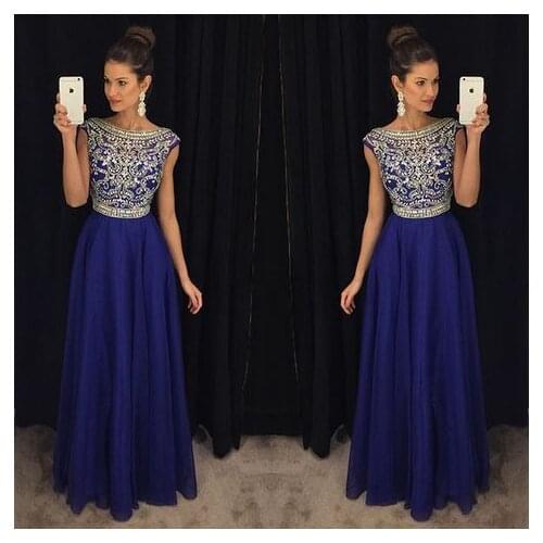 Royal Blue Beaded Crystal Prom Dresses Long vestidos de fiesta largos elegantes de gala A Line Imported Party Dress