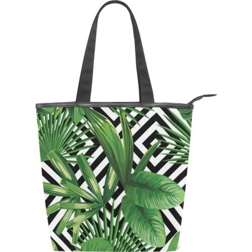 Jungle Tropical Palm Leaves Striped zipper Canvas Bag Female Shoulder Bag Fashion Eco Tote Shopping Bags for Women Harajuku Bags