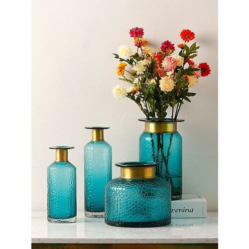 European Blue Transparent Vase Countertop Wine Cabinet Decoration Flower Arrangement Hydroponic Plant Glass Vase Home Decoration