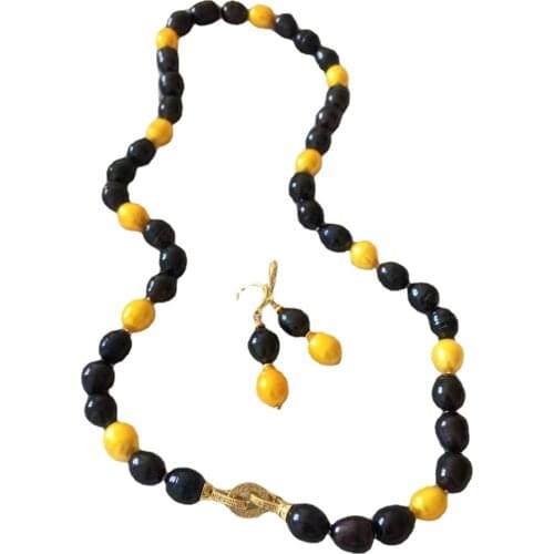 LJHMY Gold White Black Natural Big Rice Pearl Necklace Earrings African Jewelry Bridal Jewelry Sets Pave 22 INCHES Women