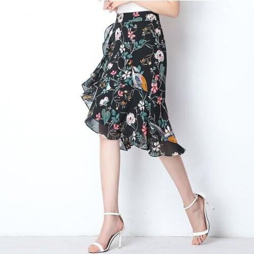 Fashion Chiffon Dots Print Skirt Summer Sexy Long Skirts Empire Slim Wrap Skirt Black Irregular A-Line Beach Skirts Knee-Length