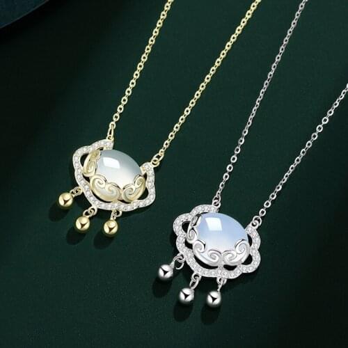 Fashion Long Life Lock Tassel Small Bell Pendant Necklace With Moonstone Elegant Cute S925 Jewelry For Women Party Birthday Gift