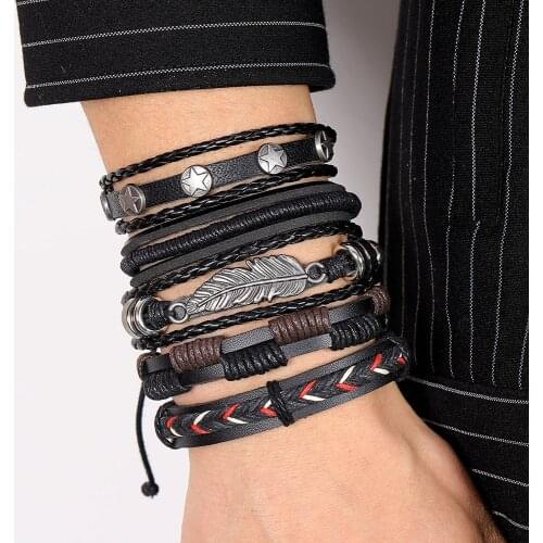 FNIO Trendy Vintage Braided Wrap Leather Bracelets Men Multilayer Braided Rope Bracelets for Male Female Bracelets Jewelry