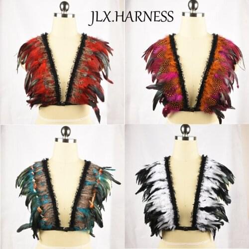 Multicolored Feather Decorations Body Cage Bra Colorful Feather Harness Open Chest Crop Top Lingerie Body Bondage O0300