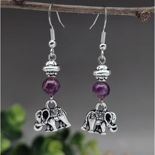 Lovely Elephant Drop Earrings Thailand Antique Silver Color Animal Jewelry Purple Beads Stone Dangle Earring for Women