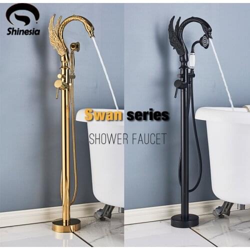 Shinesia Luxury Swan Shape Bathroom Floor Standing Bathtub Faucet Hot and Cold Water Shower With Brass Handshower Bath Mixer Tap