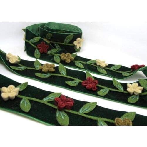 2 Inches Dark Green Felt Flower Velvet Trim|Embroidered Floral Ribbon|Clothing Belt|Vintage Costume|Sewing Supplies|Decorative