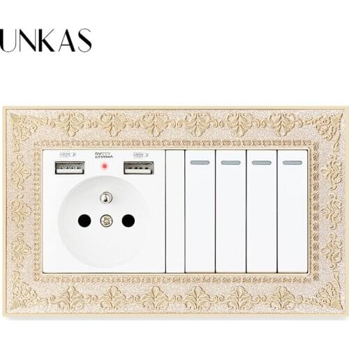 UNKAS French Socket Dual USB Hidden Soft LED Port + 4 Gang 1 / 2 Way On / Off Light Switch 4D Embossing Zinc Alloy Metal Panel