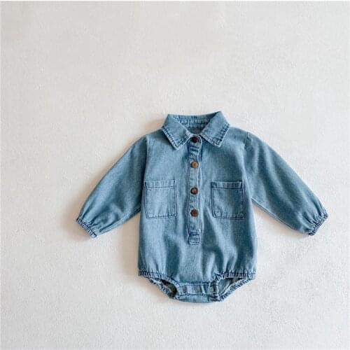 2021 spring baby girl baby denim long-sleeved romper one-piece romper triangle romper