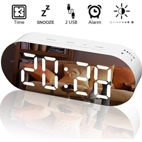 Dimmer LED Clock Mirror Travel Clock Snooze Alarm Clock Digital Table Clock Bedroom Wake Up Light With Dual USB Charger Cable
