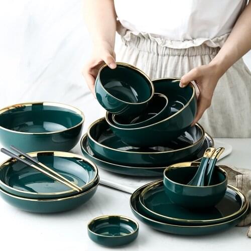 KINGLANG Klin Green Ceramic Gold Inlay Plate Steak Food Plate Nordic Tableware Bowl Dish High End Porcelain Dinnerware Set