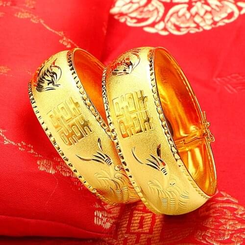 18K Yellow Gold Bracelet For Women Vintage double happiness Dragon Phoenix Wide Gold Bracelet Bangle Bride Wedding Jewelry Gift