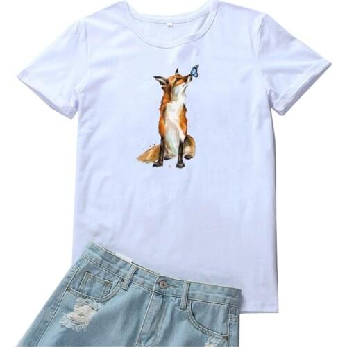 Fox and Butterfly Women T-shirt Cute Animal Pattern Women Tee Short Sleeves T Shirts Women Black Graphic Tops Camisetas Mujer
