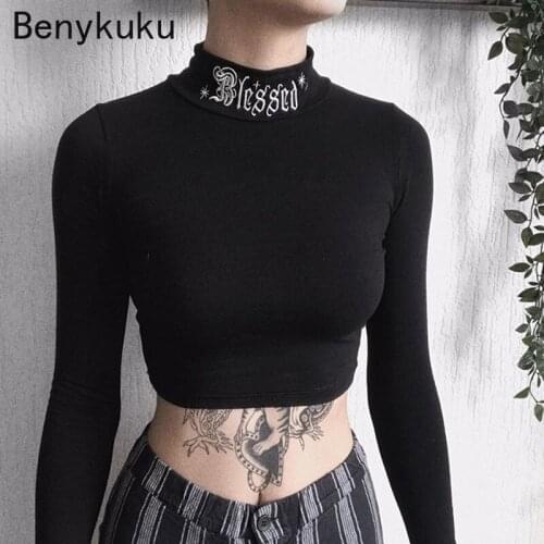 Women Black Bodycon Long Sleeve Crop Tops Gothic Harajuku Letter Embroidery Vintage Solid Tops Female Casual Basic Tops Cropped