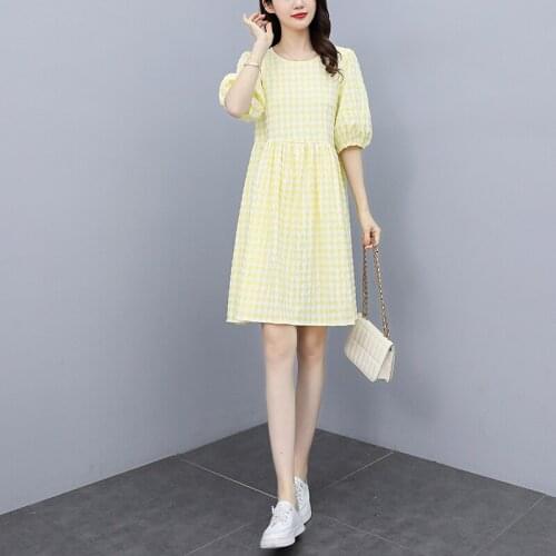 Womens Plaid Casual Plus Size M-4XL Dress XXL XXXL 3XL XXXXL 2021 Summer Loose Blouses Blusas Yellow Green Dress For 90KG Woman
