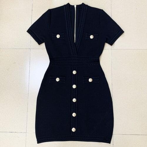 HIGH STREET Newest 2021 Runway Designer Fashion Womens Short Sleeve Sexy Deep V Neck Lion Buttons Knit Dress