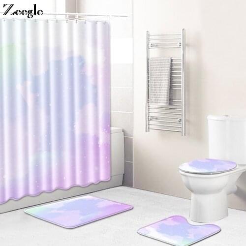 4pcs Flannel Bath Mat and Waterproof Shower Curtain Set Bathroom Carpet Rugs Toilet Mat Shower Room Foot Mat Bath Decor Carpet