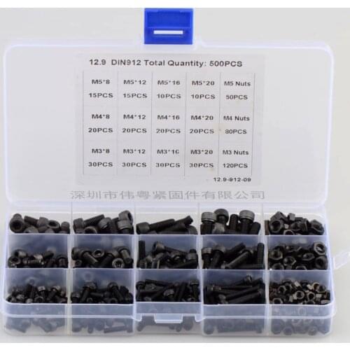 500Pcs/Lot Black Carbon Steel 12.9 Grade M3/M4/M5 DIN912 Hexagon Socket Head Cap Bolt and Nut Screws Set