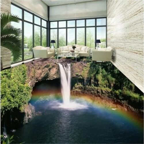 Beibehang custom rainbow waterfall mountain 3D water to three-dimensional stickers thicker waterproof wear-resistant flooring