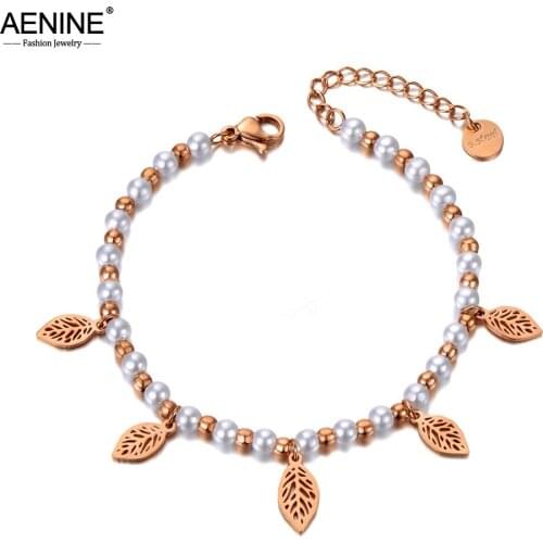 AENINE Bohemia Stainless Steel Simulated Pearl Leaves Charm Bracelets Jewelry For Women Girl Браслеты-цепочки И Звенья AB20091