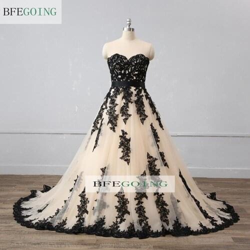 Black Lace Champagne Tulle Sweetheart Bridal Gown Strapless Floor-Length Wedding Dress Chapel Train Custom Made