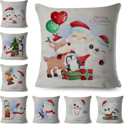 Santa Claus Cushion Cover Decor Merry Christmas Cartoon Bear Cat Pillow Case Polyester Pillowcase for Sofa Children Room Home