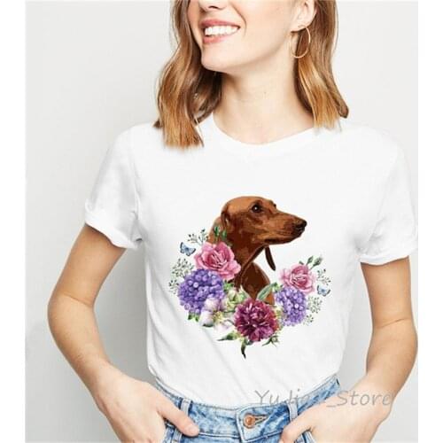 Dachshund Blooming Flowers Art T Shirt women Cute Dog animal print tee shirt femme summer top female white t-shirt streetwear