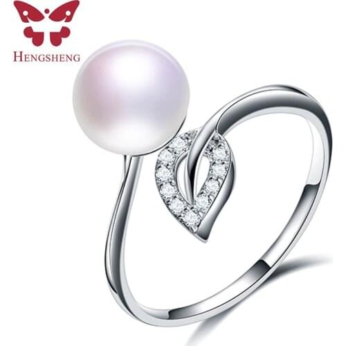 HENGSHENG Fashion Elegant Original 925 Sterling Silver Rings for Women Leaf design Ring Clear CZ Wedding Natural Pearl Jewelry