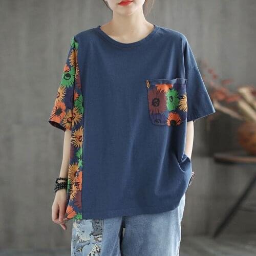 Cotton Retro Literary Stitching Short-sleeved T-shirt Women 2021 Summer New Style Printed Loose Plus Size Shirts