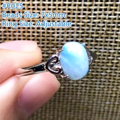 7x5mm Natural Blue Larimar Ring Jewelry For Woman Lady Man Silver Beads Dominica Water Pattern Stone Adjustable Size Ring AAAAA