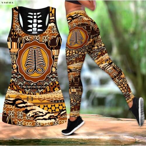 African Aya 3D Printed Women Two Piece Yoga Set Vest Hollow Combo Tank Top Legging Waist Sport Fitness Quick Dry E2