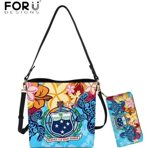 FORUDESIGNS Luxury Women 2pcs Bags Set Samoa Tropical Flower With Turtle Print Pu Leather Shoulder Bags And Purse Sac A Main