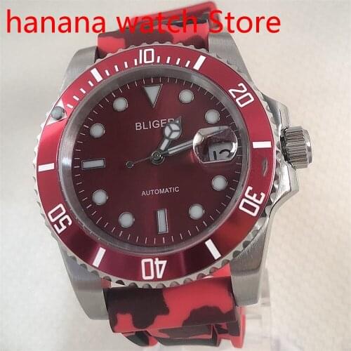 Red Automatic Mens Watch NH35/MIYOTA 8215 Movement Sapphire Glass Date Rubber Strap Aluminum Bezel Insert Luminous