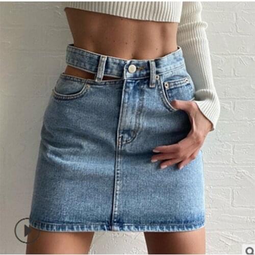 2021 Hollow Button Zipper Mini A-line Skirt Ladies Sexy Clothing Female Night Club Wear Womens High Waist Denim Party Skirts