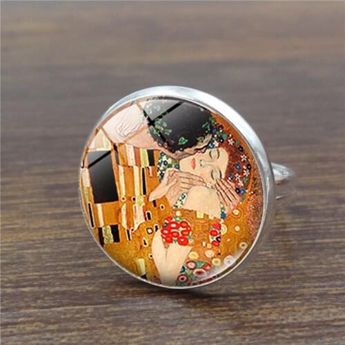 Fashion Classic The Kiss Gustav Klimt Ring Vintage Art Painting Glass Cabochon Charms Adjustable Rings for Women Girls Jewelry