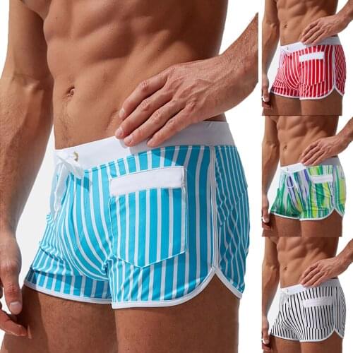 Men Swimming Trunks Stripe Prints Swimwear Swim Briefs Swimsuit Beach Boxer Shorts Wear Bathing Suit Swimming Pants