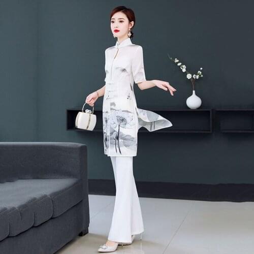 New national style improved cheongsam jacket spring/summer 2021 leisure trousers retro printed cheongsam two-piece women