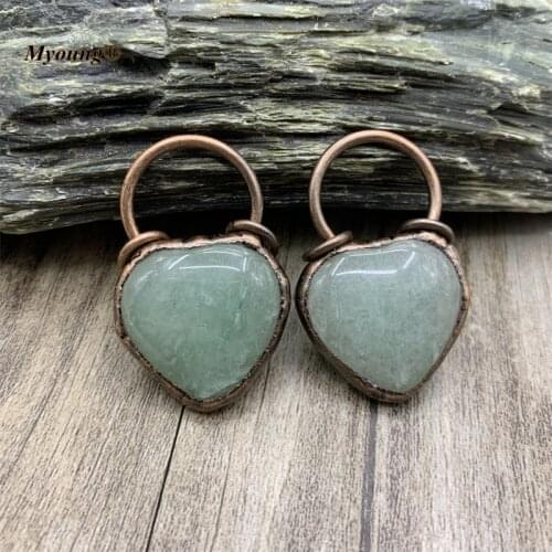 Antique Copper Hoop Heart Shape Green Aventurine Stone Vintage Neckalce Pendant For BOHO Jewelry Making MY210703