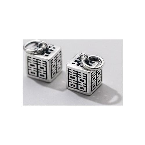 925 Sterling Silver Chinese Style Double Happiness Square Charms DIY Jewelry Make 10mm Stereo Craftwork Fashion Silver Pendants