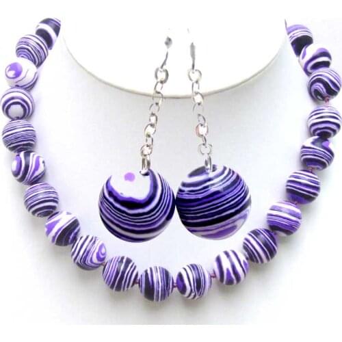 Qingmos Round 14mm Purple Stripes Agates Necklace for Women 18" Chokers with Dangle Round Earring for Women Set Fine Jewelry