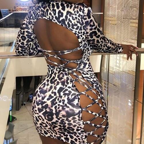 Sexy Women Leopard Print Newest Club Party Mini Bandage Dresses Full Sleeve Backless Hollow Out Vestidos 2020 Lady Skinny Dress