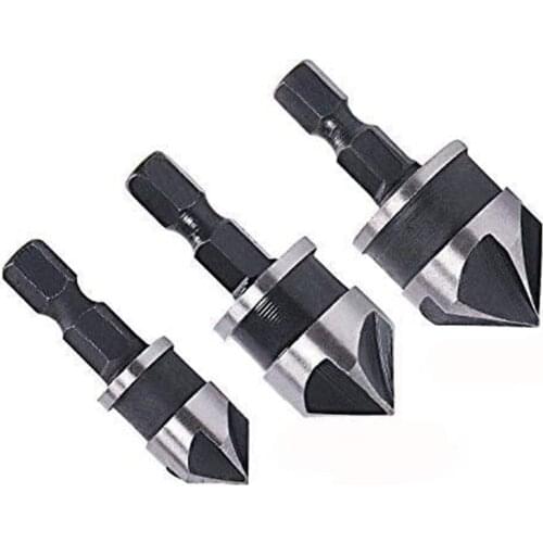 3pcs 5 Flute Countersink Drill Bits 1/4 Inch Hex Shank Chamfer Cutter 90 Degree Wood Chamfering Drill