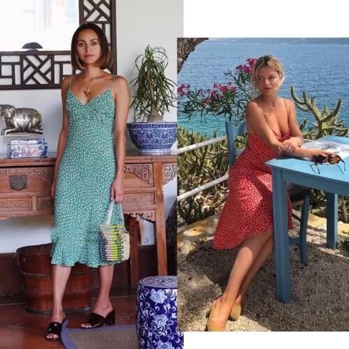 Viscose 100% Floral Print Sleeveless Spaghetti Strap Mermaid Dress - 2019ss Green/Red/Blue Beach Style Dress