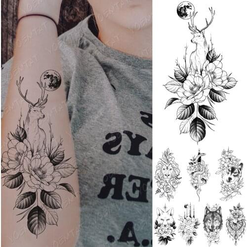 Waterproof Temporary Tattoo Sticker Rose Moon Deer Lion Tattoos Wolf Snake Sword Body Art Arm Fake Sleeve Tatoo Women Men