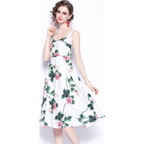 Runway Green Flower Summer Holiday Dress Women Spaghetti Strap Backless Floral Print Boho Beach Party Dresses K2039