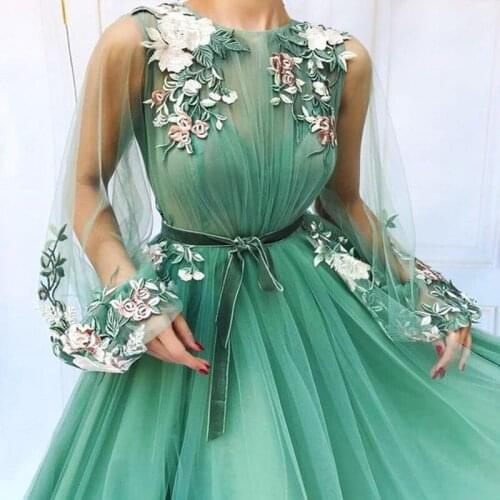 2020 Green Long Sleeve Perspective Sexy Fashion Evening Dresses Handmade Flower Fashion Evening Dresses Design Real Photo LE4055