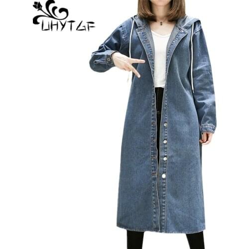 UHYTGF Womens jeans jacket Loose plus size tops outerwear Fashion hooded spring autumn denim windbreaker Casual coat female 564