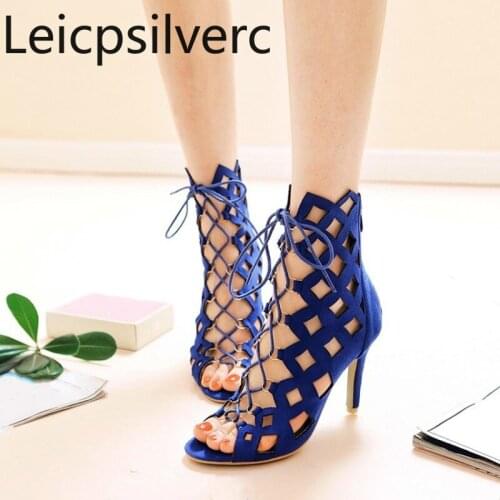 Womens Boots summer The New Fish mouth Open toe zipper Hollow Lace-up Fine heel High heel Womens shoes plus size 33-43
